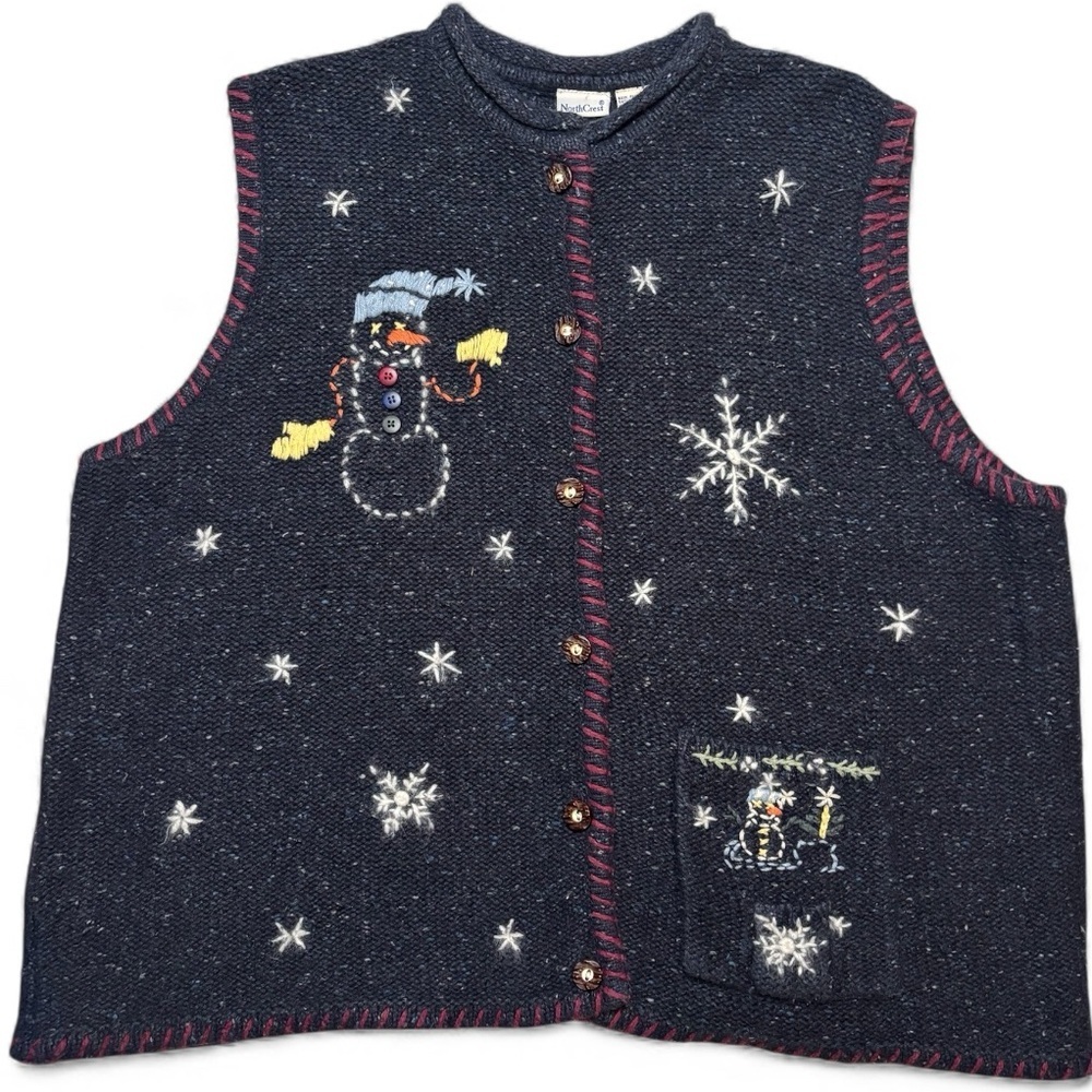 NorthCrest 2X Snowman Knit Vest Blue Embroidered Holiday Sweater Made Hong Kong